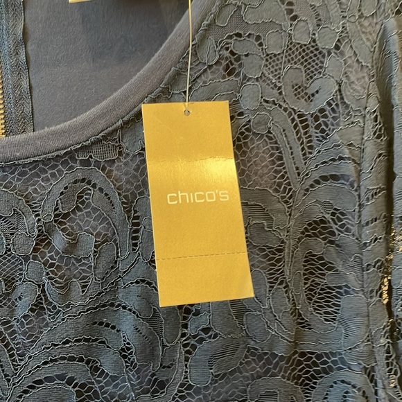 Chico’s Navy NWT Size 2, 12/14, Top, 3/4  Lace Sleeves.  Front Lace Overlay. - Picture 3 of 9